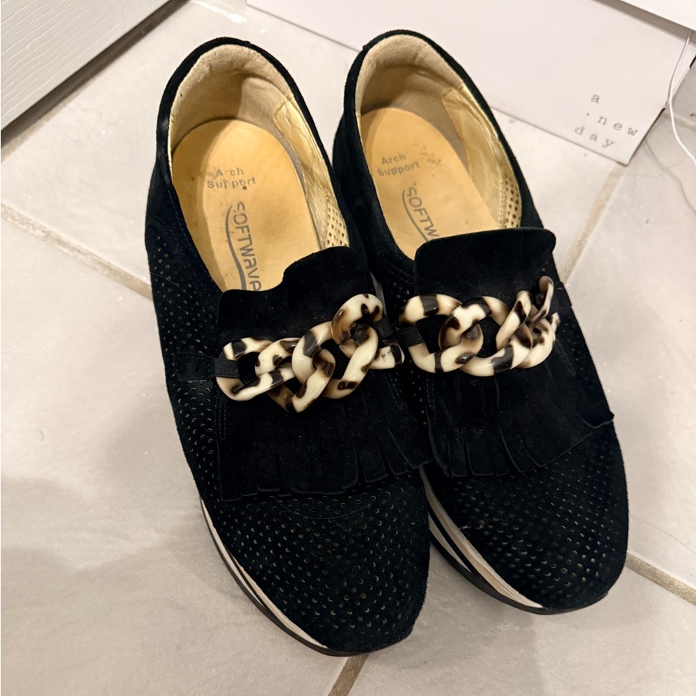 SoftWalk Black Suede Slip-On Loafers with Tortoiseshell Chain